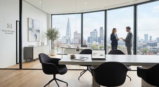 A modern corporate office overlooking a city skyline, lit by soft natural daylight.