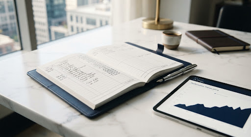 An open financial ledger, fountain pen and tablet on a pristine white desk.