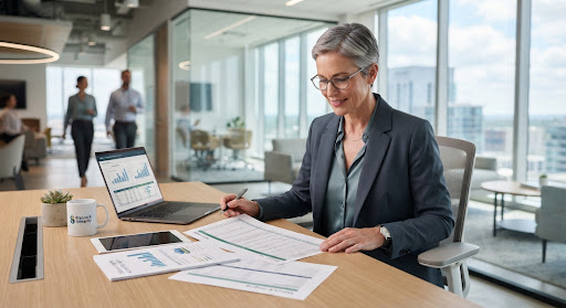 A senior accountant reviewing financial documents in a bright, modern office.