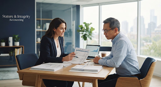 A financial advisor reviewing tax documents with a client in a bright modern office.
